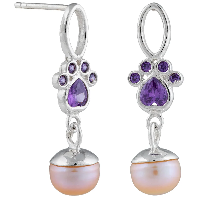 ---Paw Print Sparkle Sterling & Pearl Earrings