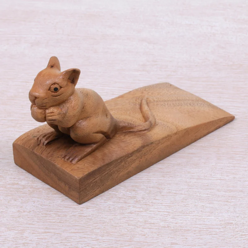 ---Charming Mouse in Brown Wood Door Stopper