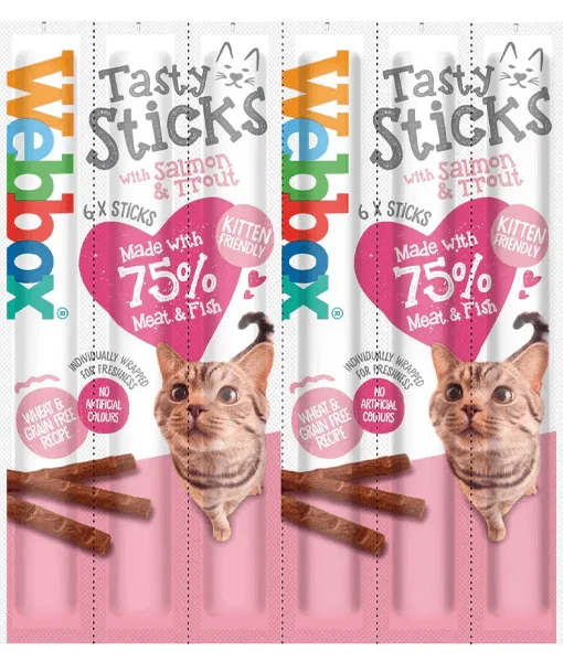    - Chicken flavor cat food  Webbox - Tasty Sticks with Salmon & Trout 6 sticks