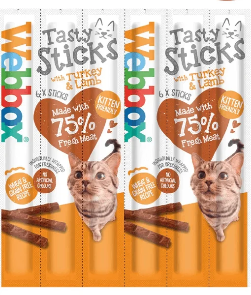    - High-fiber cat food  Webbox - Tasty Sticks Turkey & Lamb Cat Treats 6 Sticks