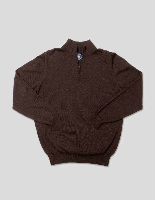 ---MERINO WOOL QUARTER ZIP UP - DARK BROWN