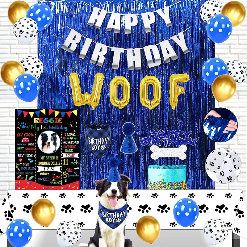 ---KUTKUT Dog Birthday Party Decorations, Dog Birthday Bandana, Dog Party Hat, Dog Cake Topper, Birthday Banner, Foil Curtain, Tablecloth, Dog Balloons, Dog Card for Dog Party Decorations