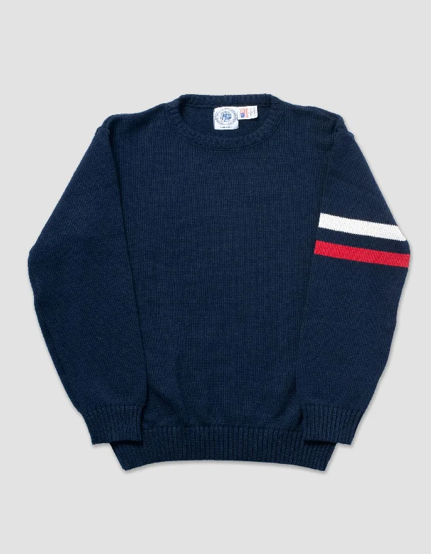 - Winter dog thick down jacketCOTTON CREW NECK SLEEVE STRIPE SWEATER - NAVY WITH NATURAL/RED