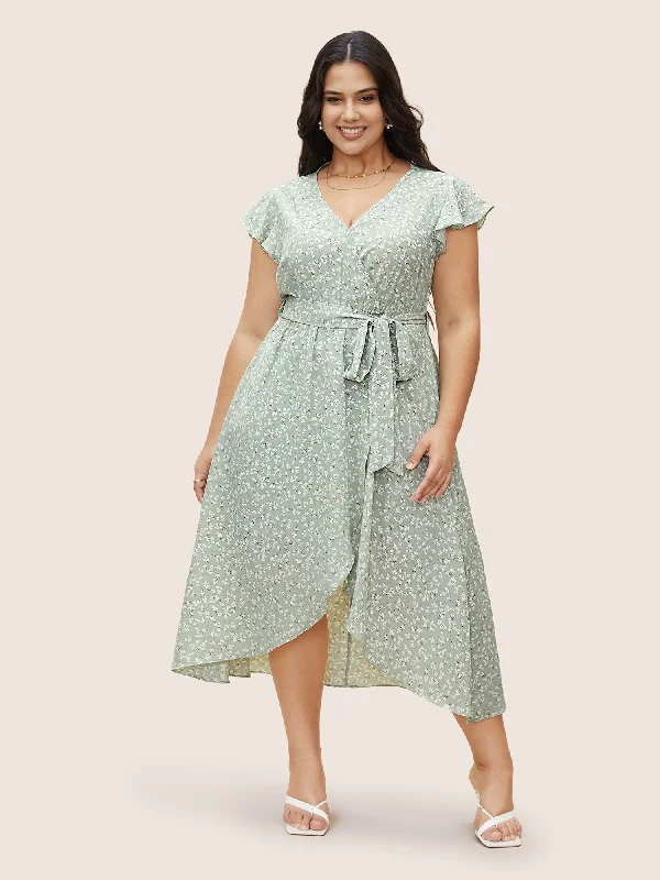 Ditsy Floral Ruffle Cap Sleeve Belted Dress