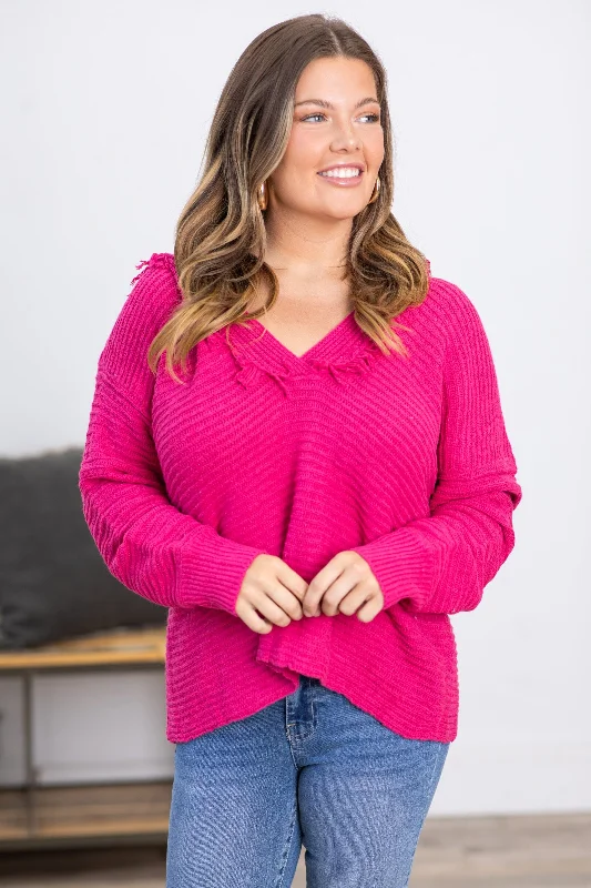 Hot Pink Hooded Sweater With Fringe