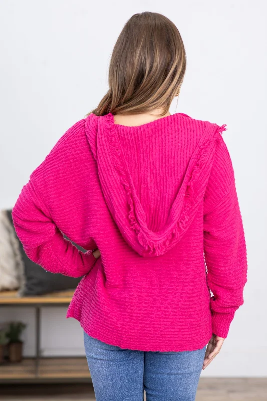 Hot Pink Hooded Sweater With Fringe