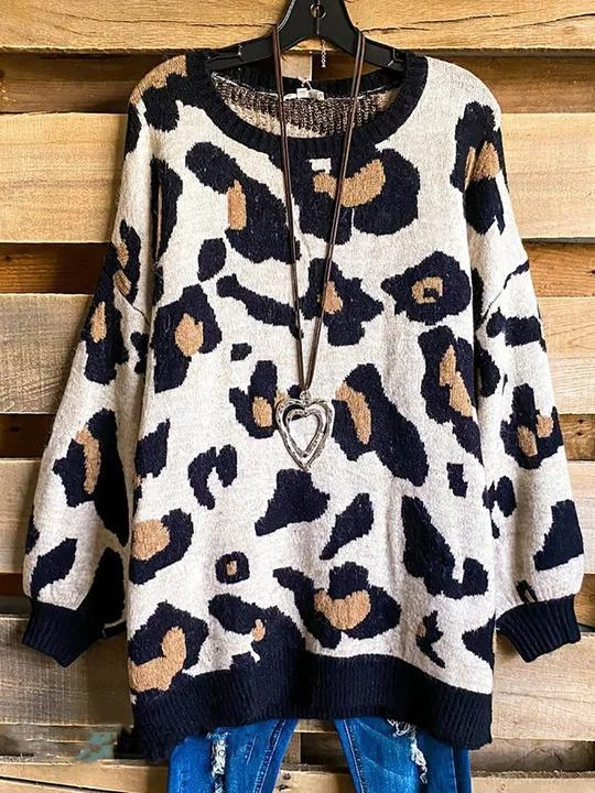 Leopard Print Loose Knit Sweater for Women