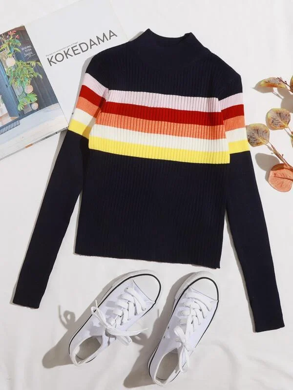 Mock Neck Colorful Striped Ribbed Knit Sweater for Women