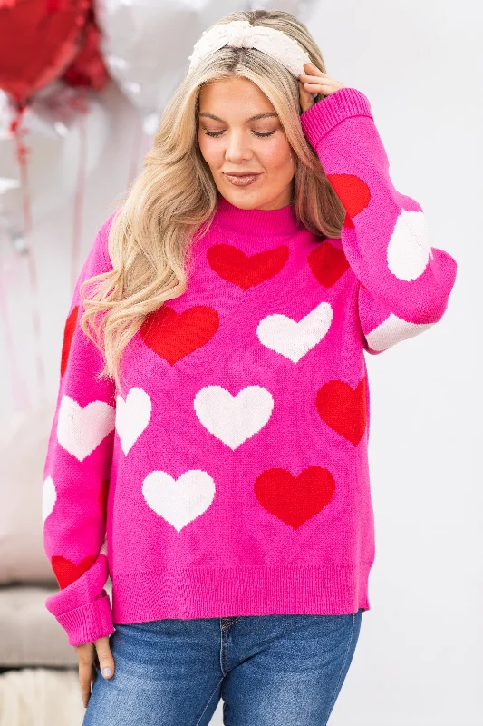 Pink Heart Pattern Intarsia Sweater