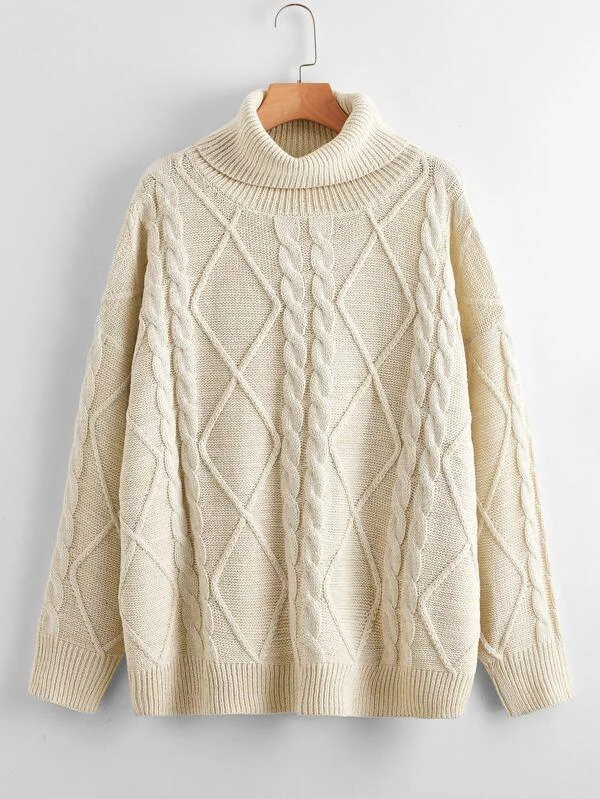 Turtleneck Cable Knit Solid Sweater for Women